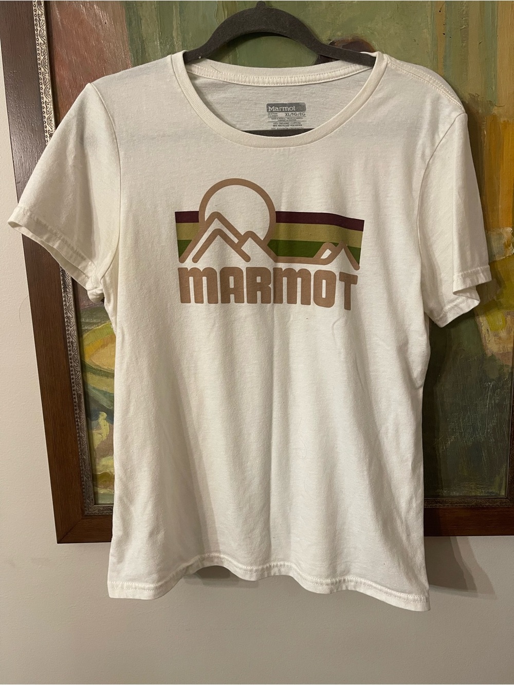Marmot Cream Tee with Brown, Olive and Burgundy Mountain Graphic